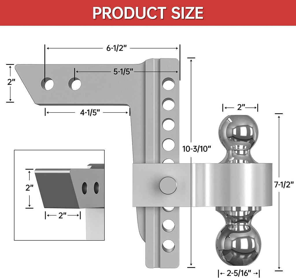 Adjustable Trailer Hitch Ball Mount, 8 Inch Drop, 2 Inch Receiver, 12,500 LBS GTW, Forged Aluminum Shank, Dual Balls with Hitch Locks and Pins V790