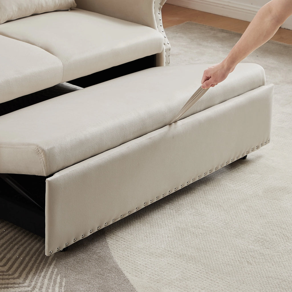 55" Beige Pull Out Sleeper Sofa Bed with Adjustable Backrest S31419
