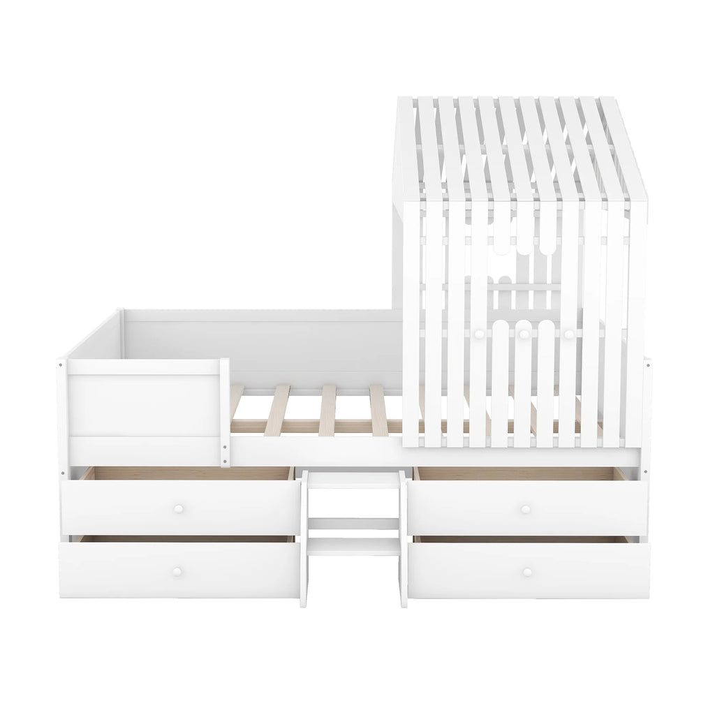 Full Size Low Loft Bed with Roof and Drawers, White K268