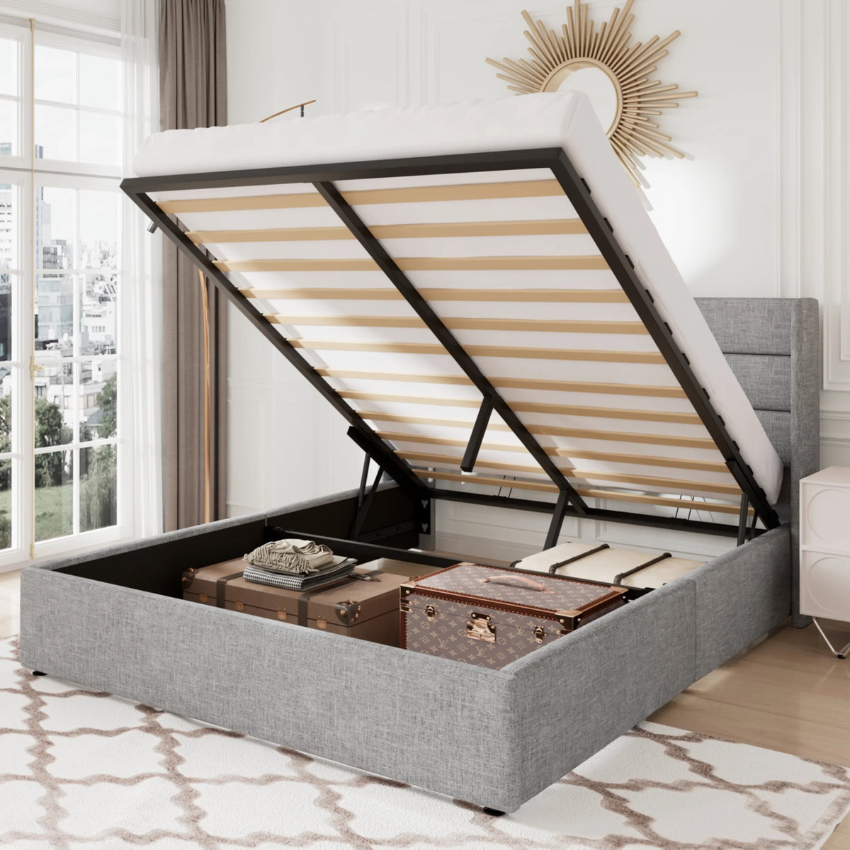 Queen Size Lift Up Platform Storage Bed Frame with Wingback Headboard Light Beige T97886