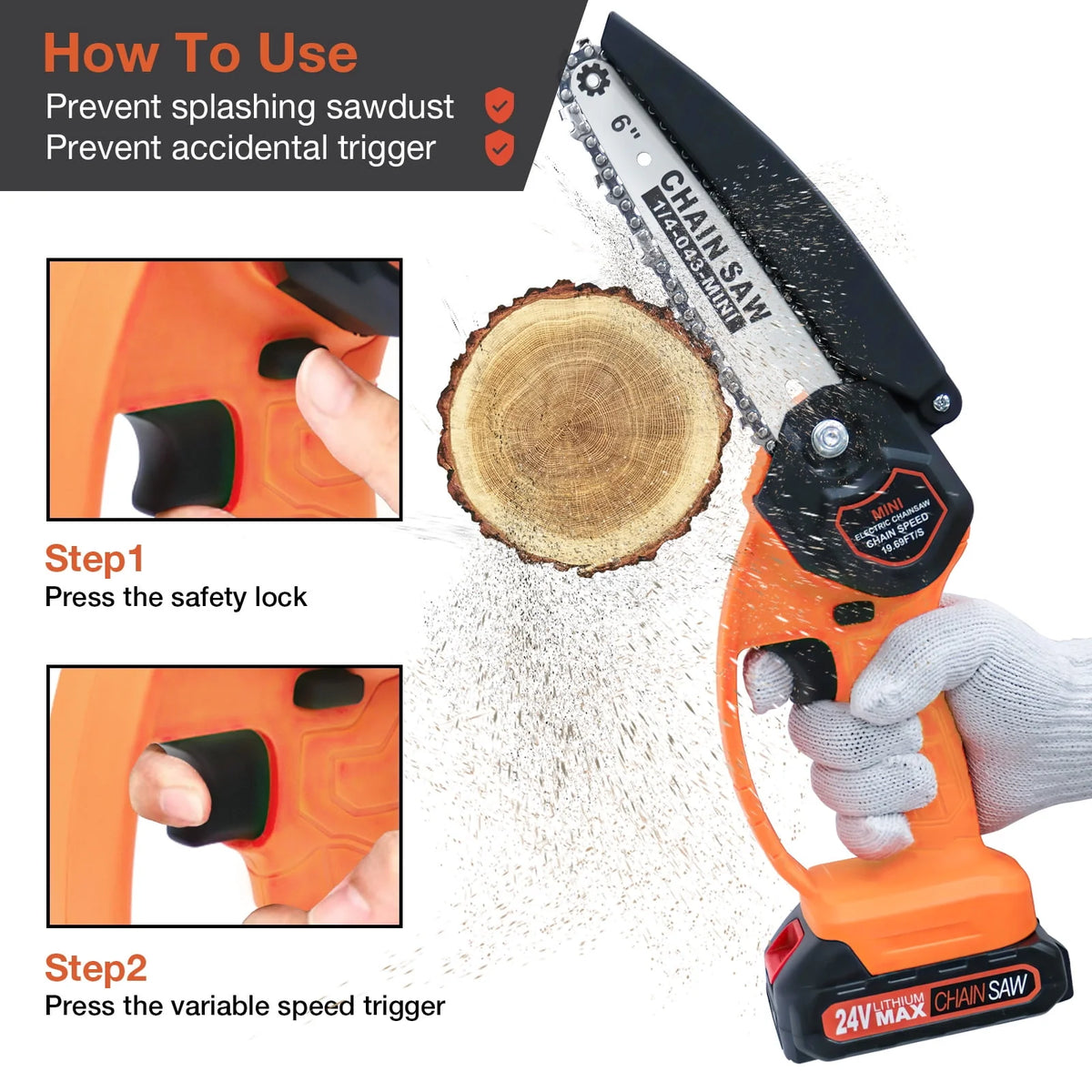 6 Mini Chainsaw Cordless Handheld Chain Saw with 2 Batteries 2 Chains O632809