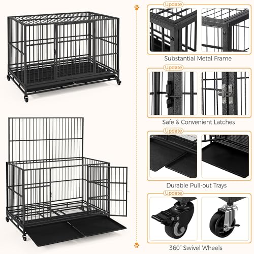 48'' XXL Dog Crate with 2 Doors Lockable Wheels T605