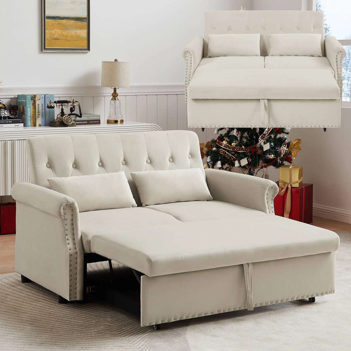 55" Beige Pull Out Sleeper Sofa Bed with Adjustable Backrest S31419