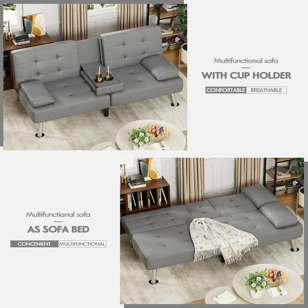 Faux Leather Convertible Folding Futon Sofa Bed with Removable Armrests and 2 Cup Holders Z920