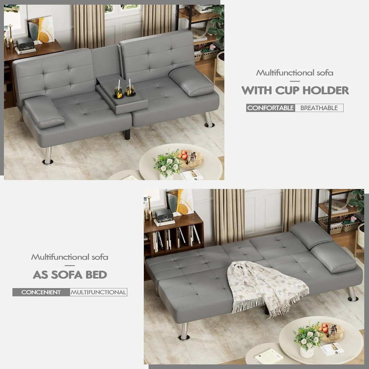 Faux Leather Convertible Folding Futon Sofa Bed with Removable Armrests and 2 Cup Holders Z920