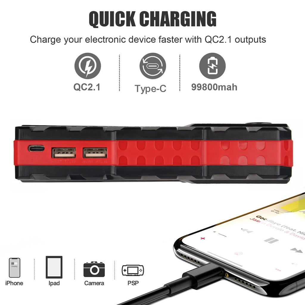 Car Jump Starter 5000A Peak 99800mAh Battery Portable Power Bank T728