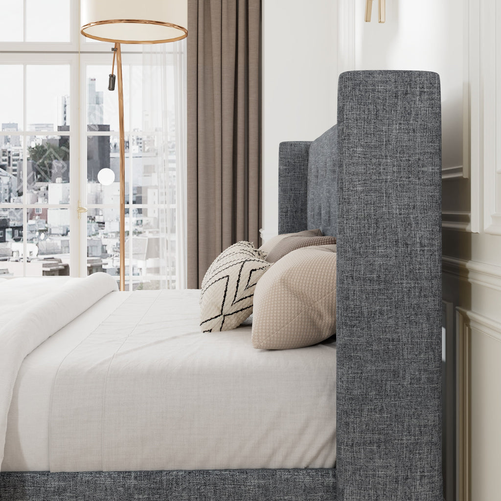 Queen Size Lift Up Platform Storage Bed Frame with Wingback Headboard Light Beige T97886