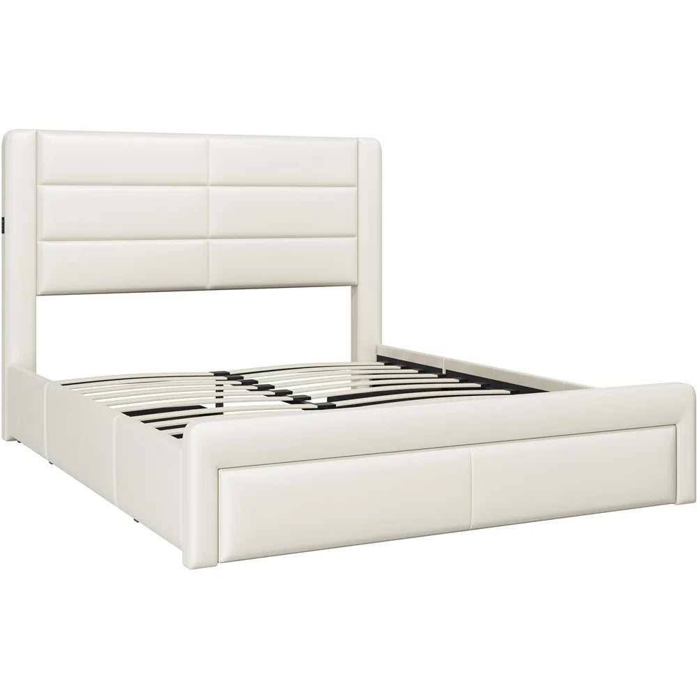 Beige Upholstered Platform Full Bed with 3 Storage Drawers and USB Ports B919