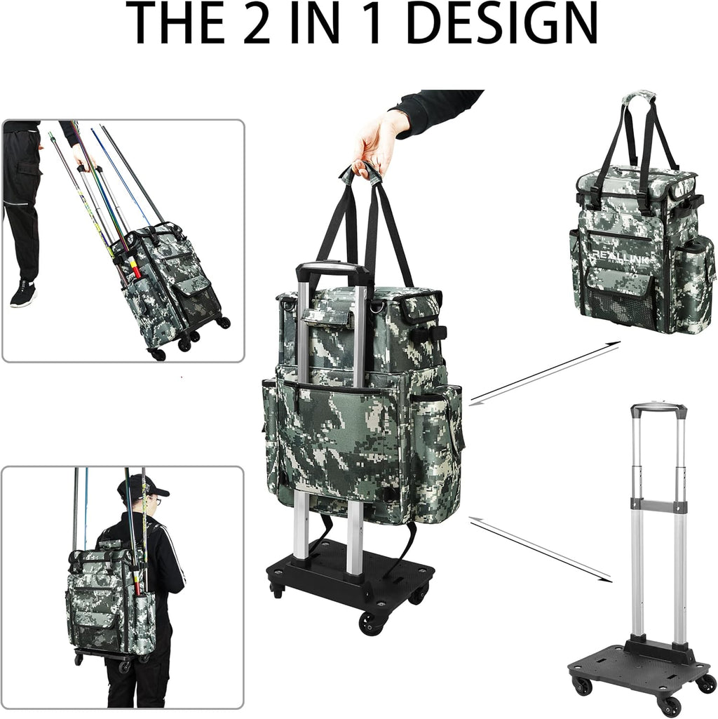 Rolling Fishing Tackle Bag with Rod Holder and Removable Wheels M935647