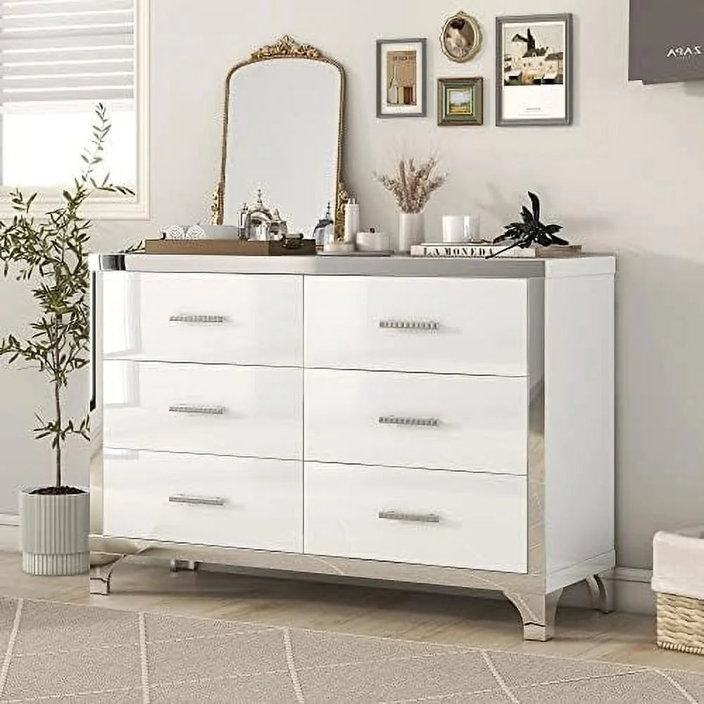 Modern Mirrored 6-Drawer Wooden Dresser with Metal Handles S245881
