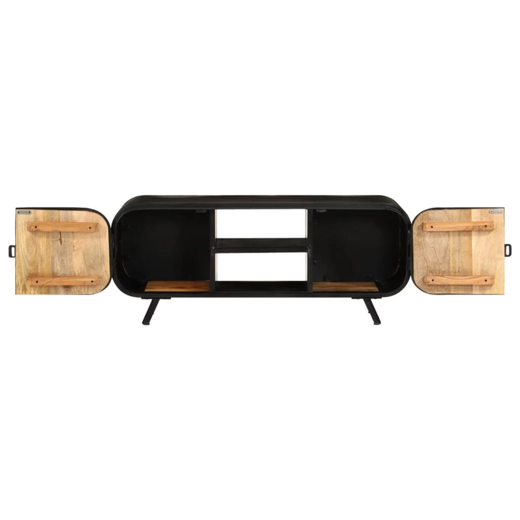 TV Stand with 2 Compartments and 2 Storage Shelves Rough Mango Wood Iron Legs S54827