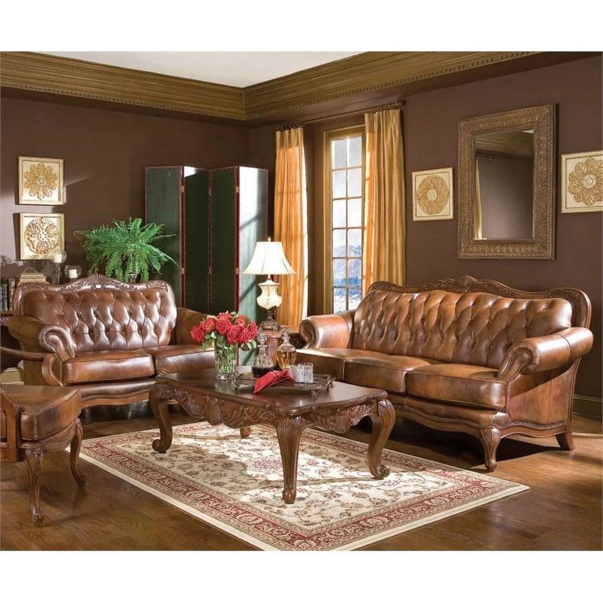 2 Piece Brown Leather Sofa Set Q8093