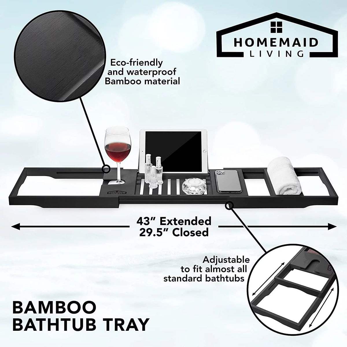 Bamboo Bathtub Tray Expandable Bathtub Caddy with Reading Rack Tablet Holder Wine Glass Holder (Black) K47195