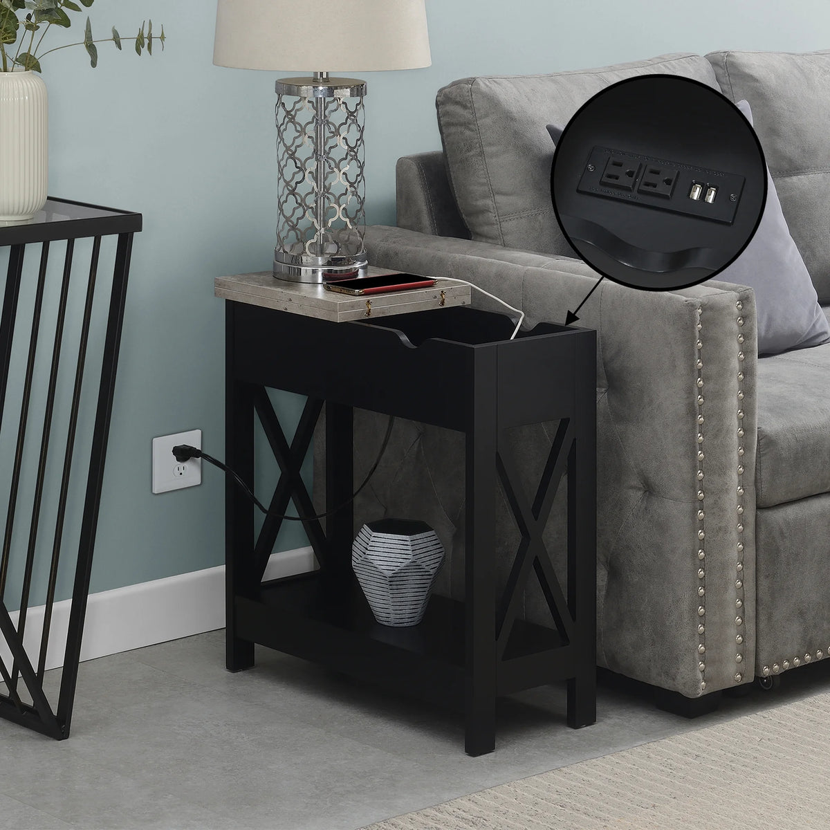 Flip Top End Table with Charging Station and Shelf R881368
