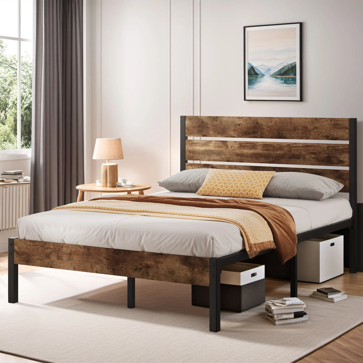 Queen Bed Frame with Wood Headboard and Footboard R121