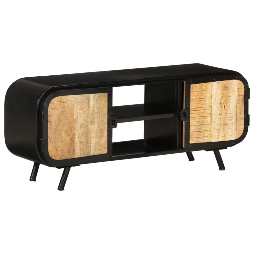 TV Stand with 2 Compartments and 2 Storage Shelves Rough Mango Wood Iron Legs S54827