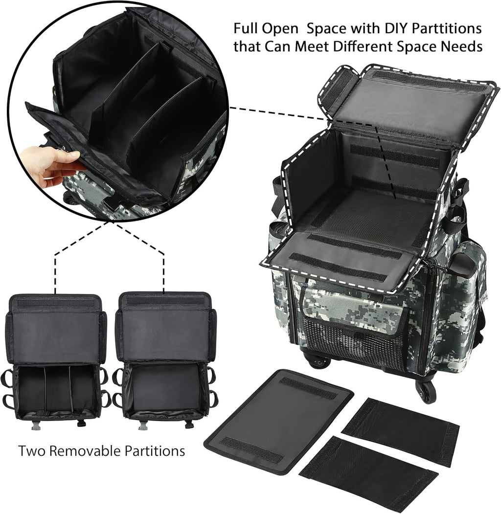 Rolling Fishing Tackle Bag with Rod Holder and Removable Wheels M935647