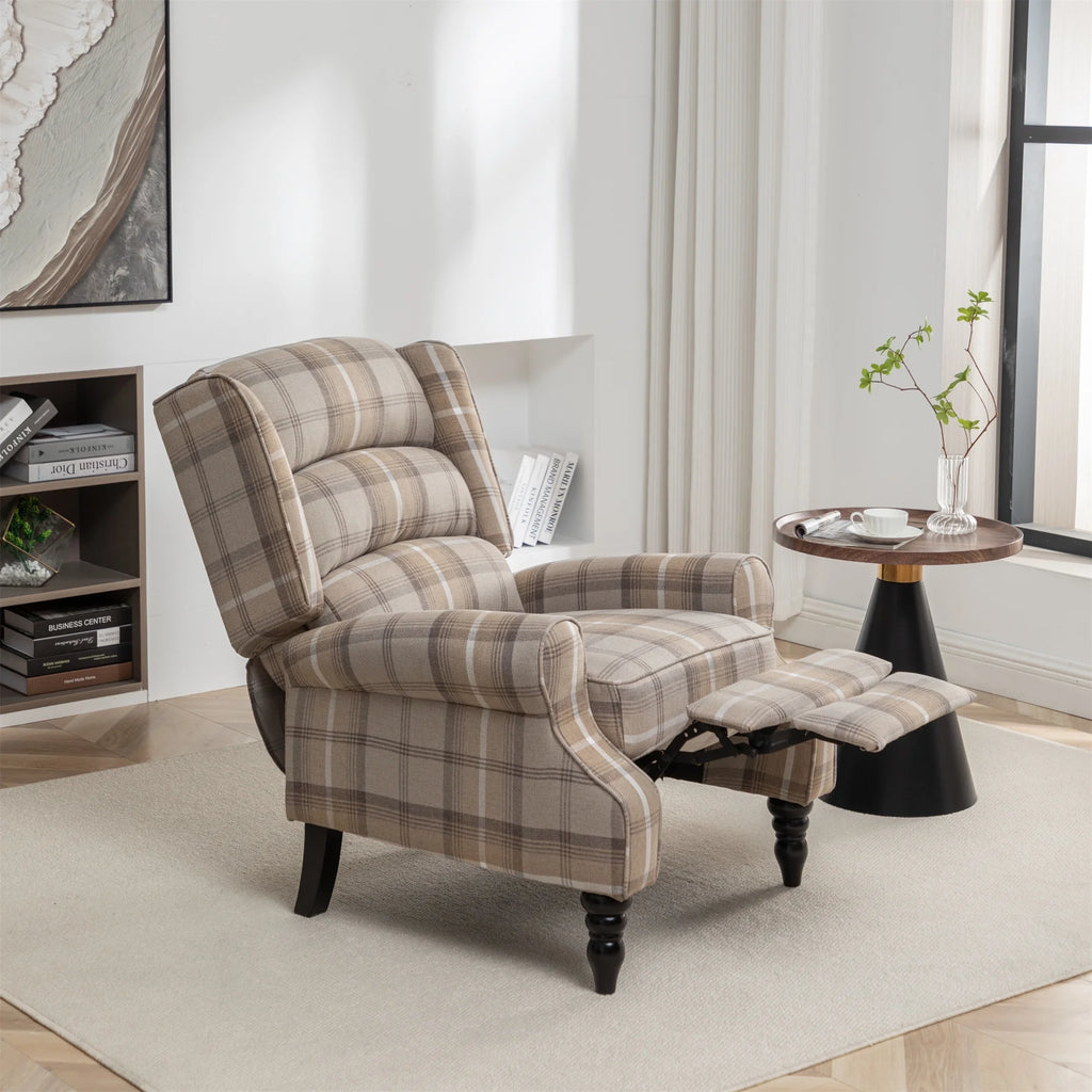 Plaid Upholstered Wingback Recliner Chair with Adjustable Footrest W650