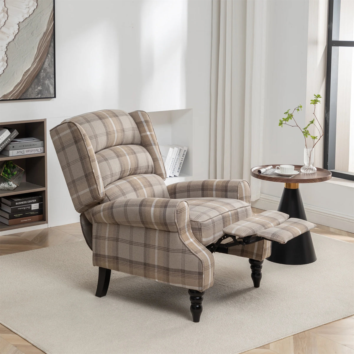 Plaid Upholstered Wingback Recliner Chair with Adjustable Footrest W650