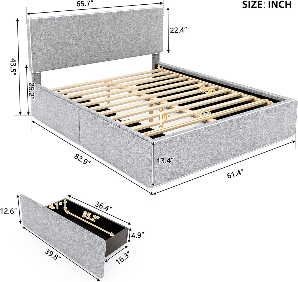 Queen Size Upholstered Platform Bed with 4 Storage Drawers S2127