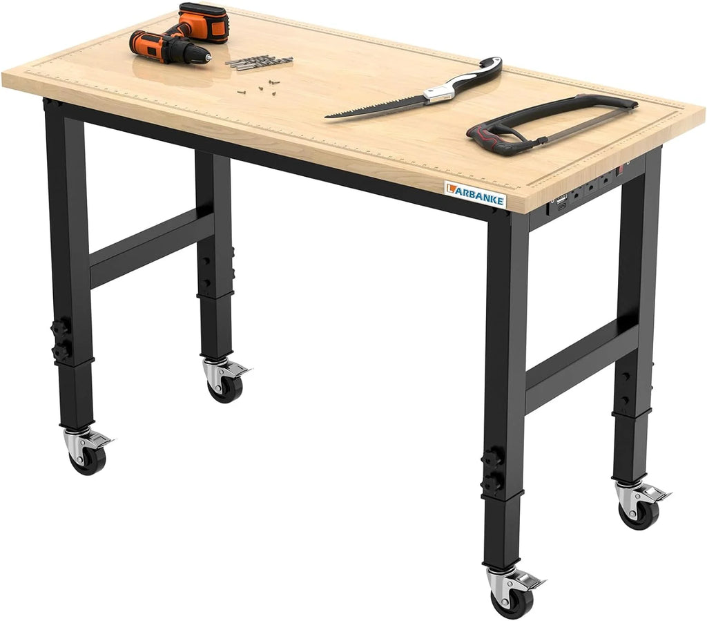 48" Heavy-Duty Rubber Wood Workbench with Brake Wheels D3726