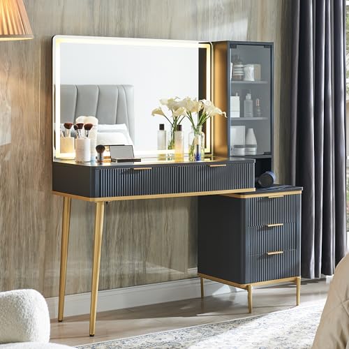 48" Glass Top Vanity Desk with Lighted Mirror and 5 Drawers P786671