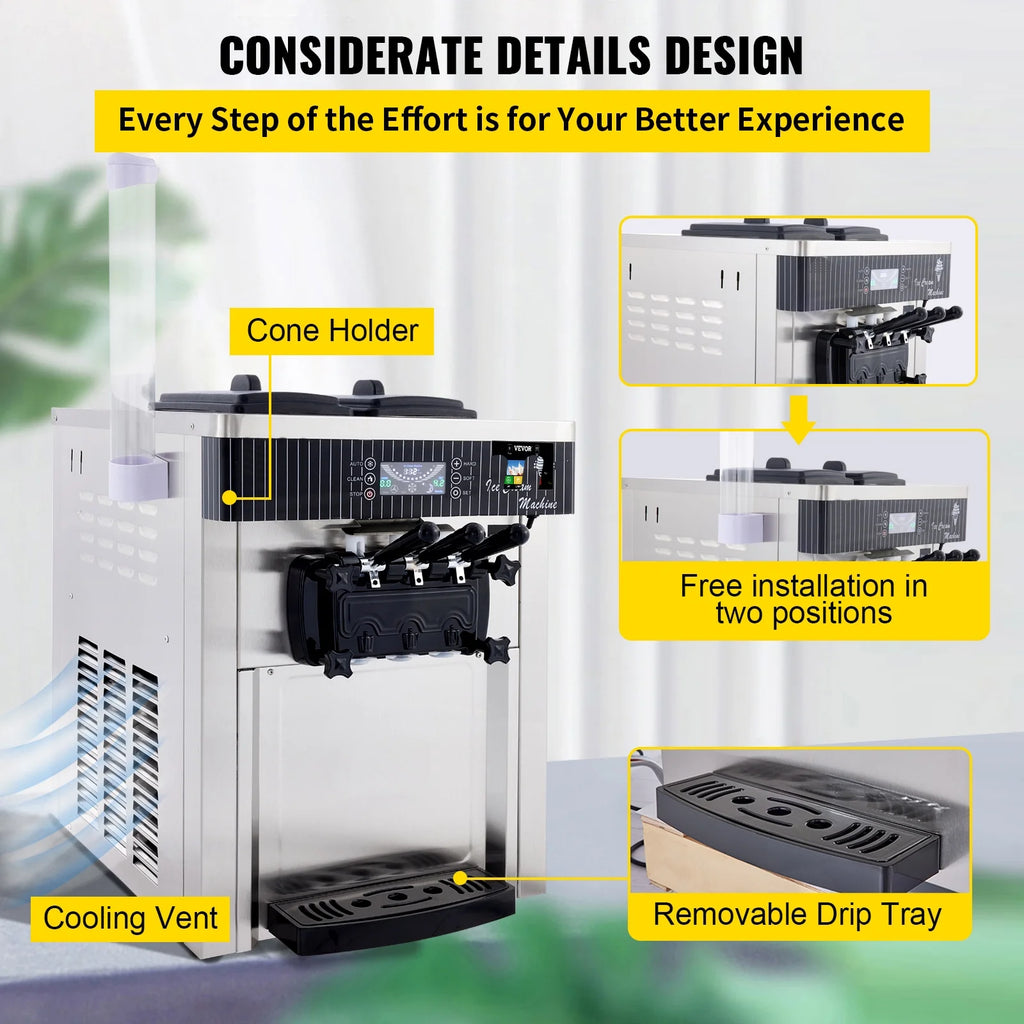 Commercial Ice Cream Machine 20-28L/H Soft Serve 3 Flavors 2200W Silver I718