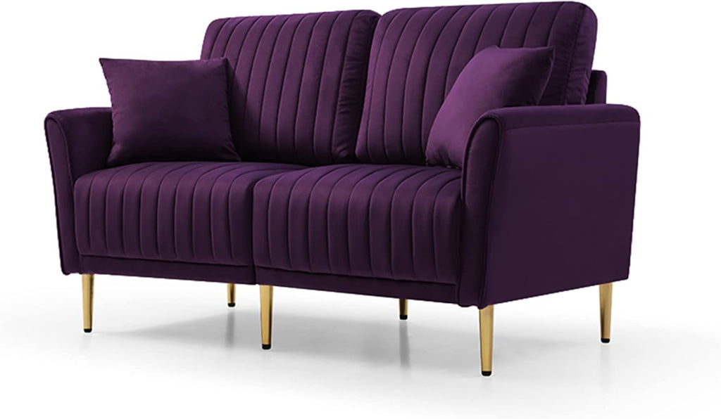 Purple Velvet Round Arm Loveseat Sofa with 2 Throw Pillows H44186