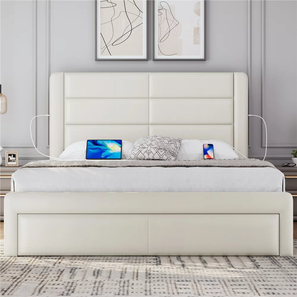 Beige Upholstered Platform Full Bed with 3 Storage Drawers and USB Ports B919