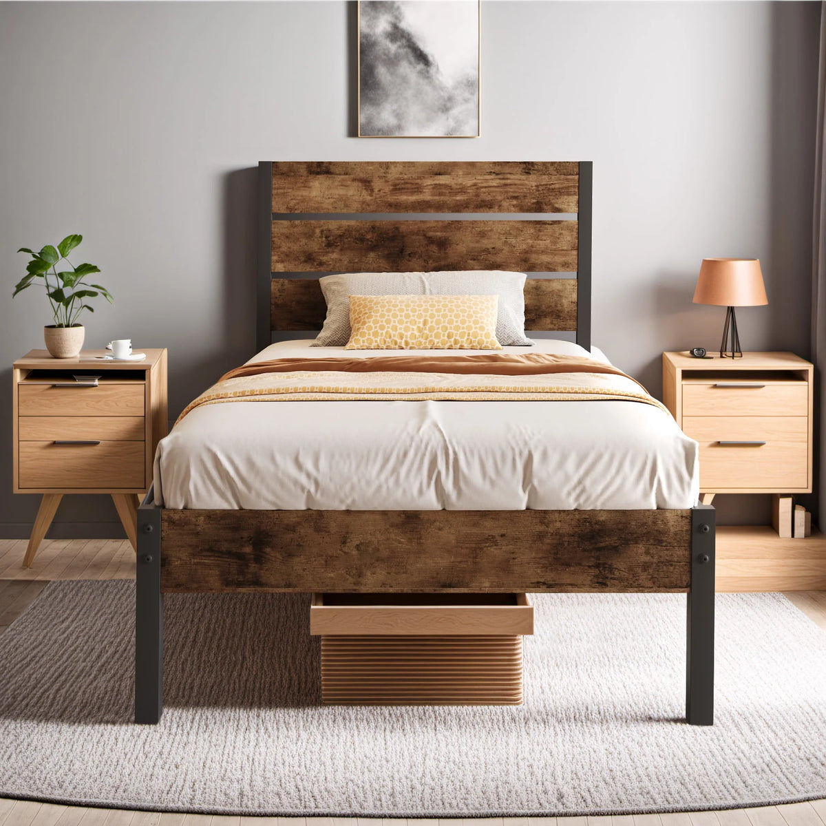 Queen Bed Frame with Wood Headboard and Footboard R121