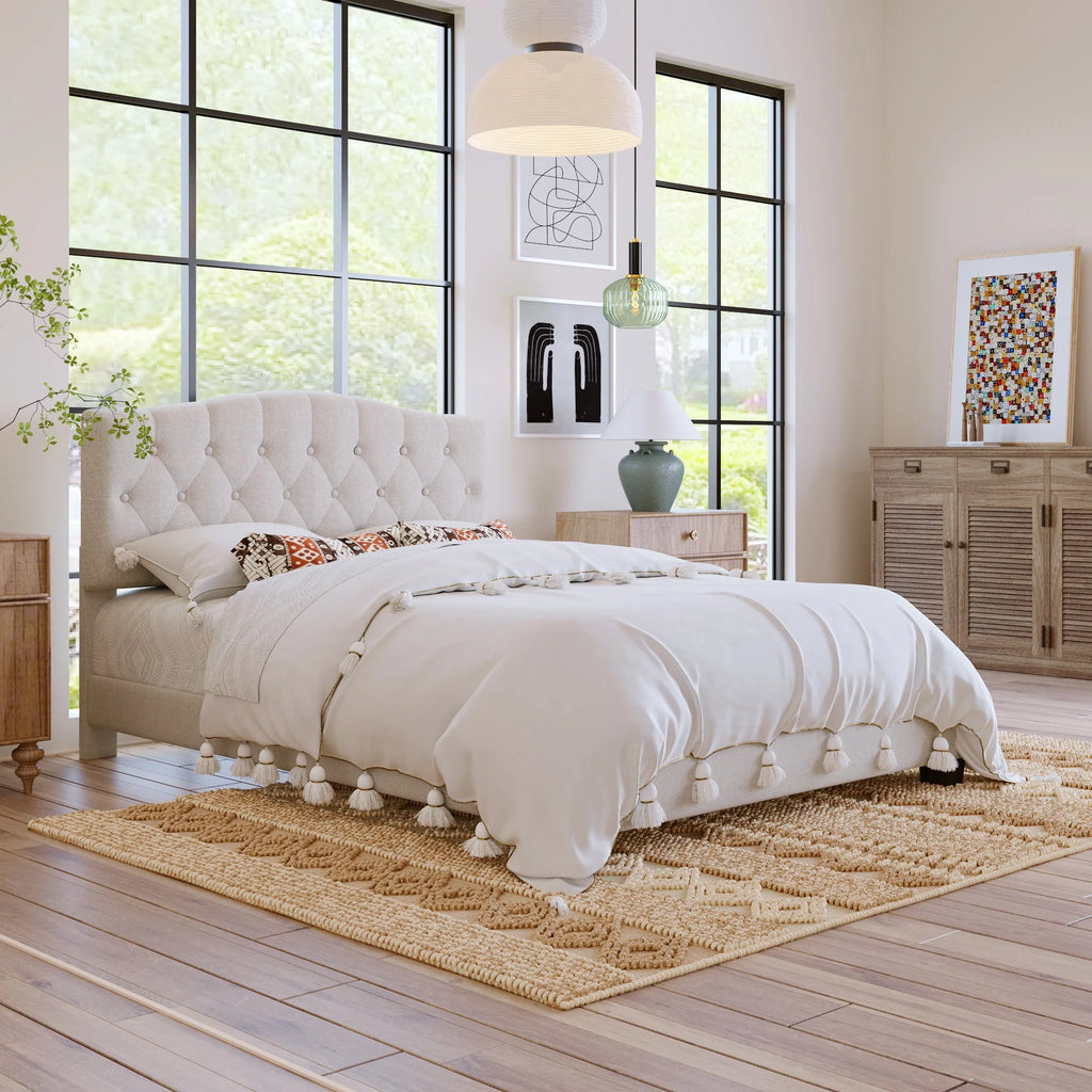 Queen Size Platform Bed Frame Beige T81594