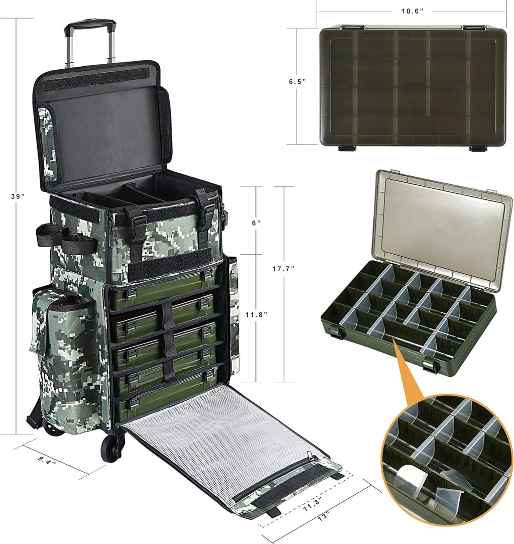Rolling Fishing Tackle Bag with Rod Holder and Removable Wheels M935647