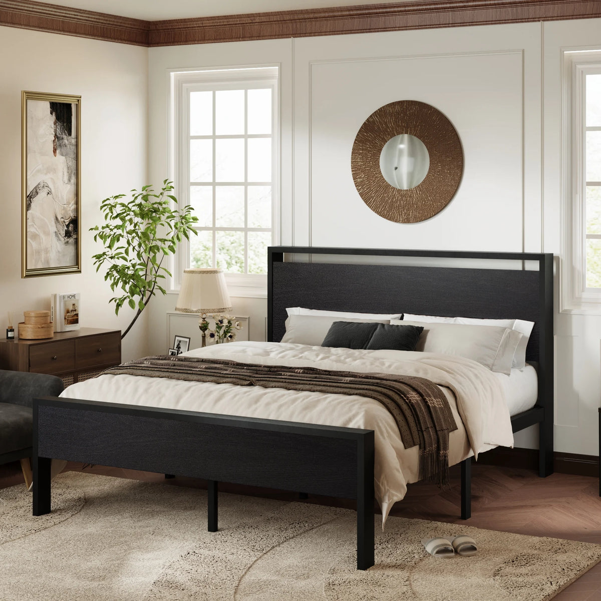 Walnut King Size Platform Bed Frame with Wood Headboard E926220