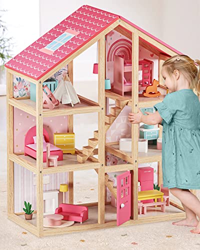 6 Rooms Wooden Dollhouse with 31Pcs Furniture Accessories Q473388