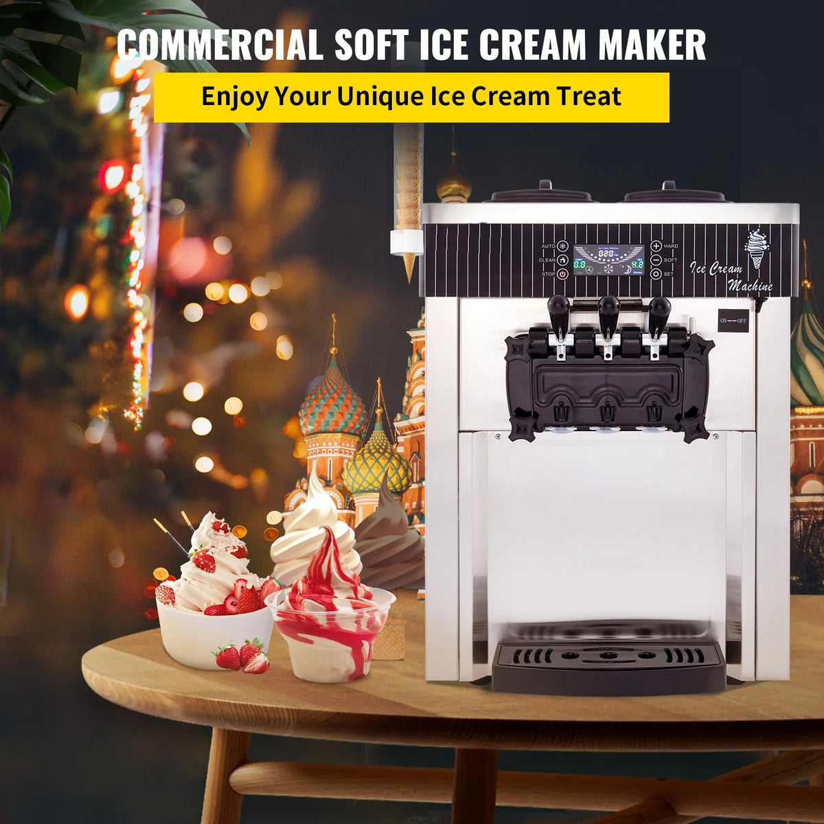 Commercial Ice Cream Machine 20-28L/H Soft Serve 3 Flavors 2200W Silver I718