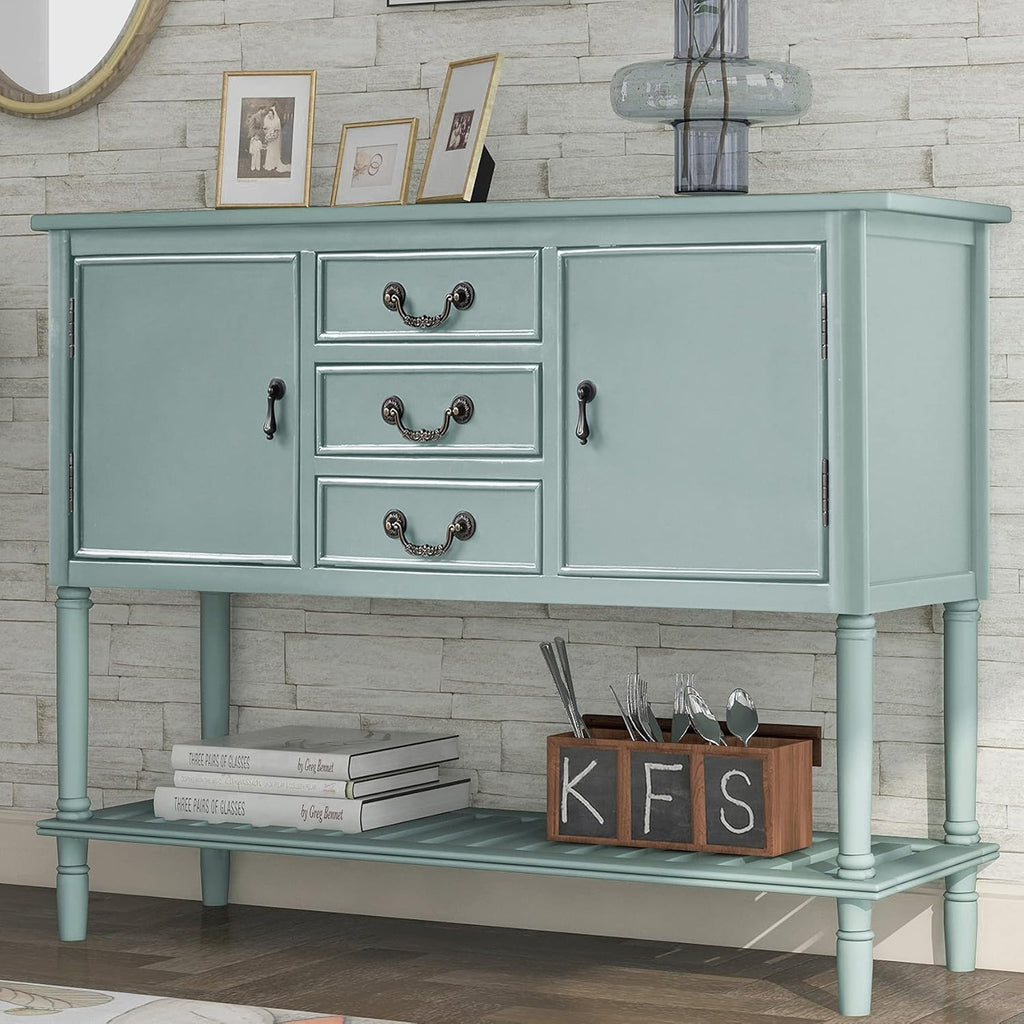 Green Wood Console Sofa Table with Drawers and Open Shelf V98213