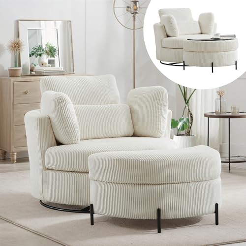 42.2" Oversized Chenille Beige Swivel Barrel Chair Y58924