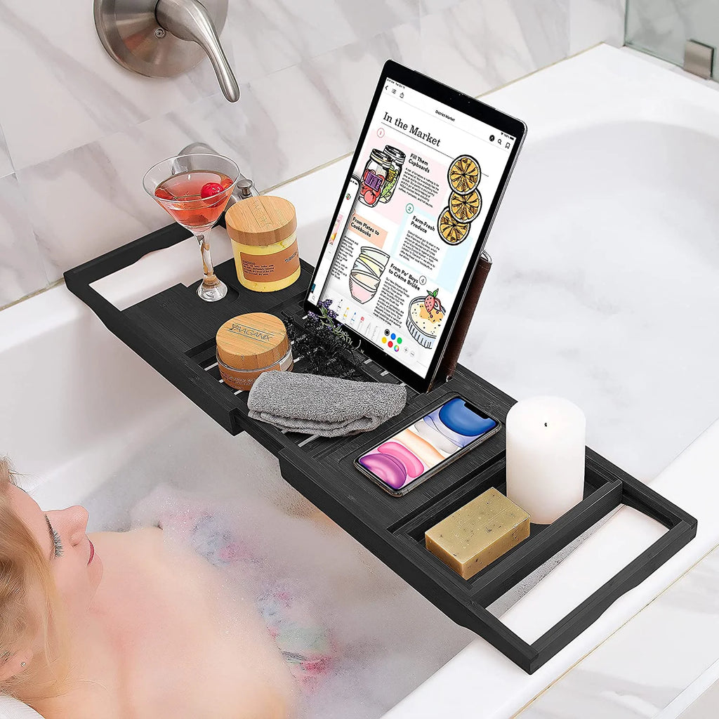 Bamboo Bathtub Tray Expandable Bathtub Caddy with Reading Rack Tablet Holder Wine Glass Holder (Black) K47195