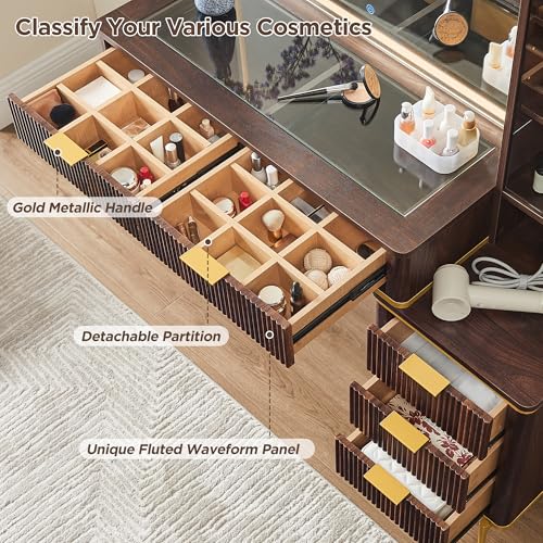 48" Glass Top Vanity Desk with Lighted Mirror and 5 Drawers P786671