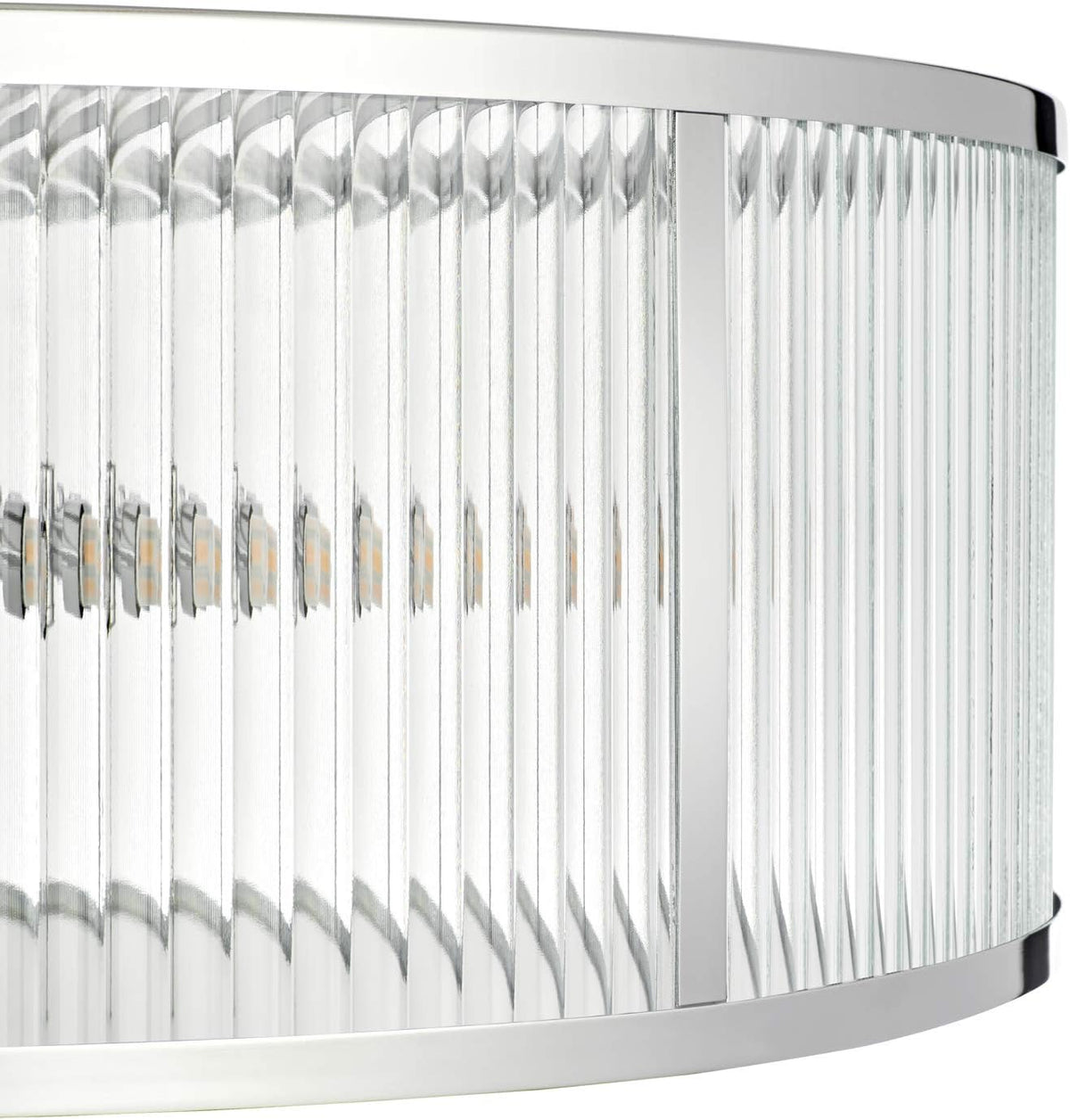 Chrome Flush Mount Ceiling Light, 18 Inch Diameter, LED Bulbs Included, 3000K, 2100 Lumens, Ribbed Glass Shade, Dimmable W8239