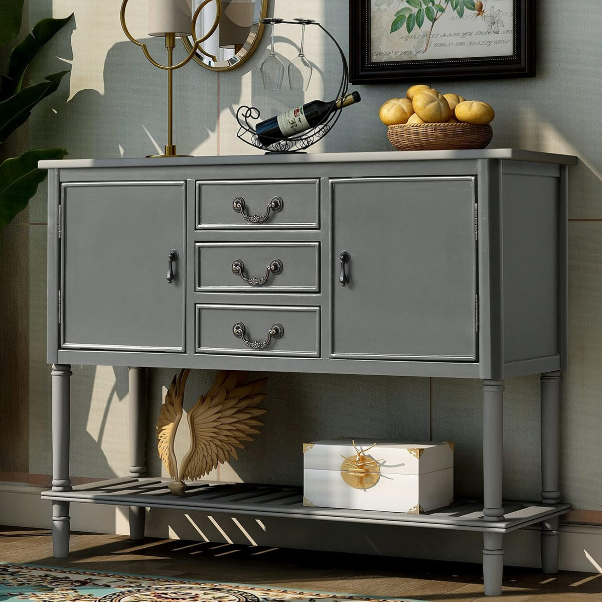 Green Wood Console Sofa Table with Drawers and Open Shelf V98213