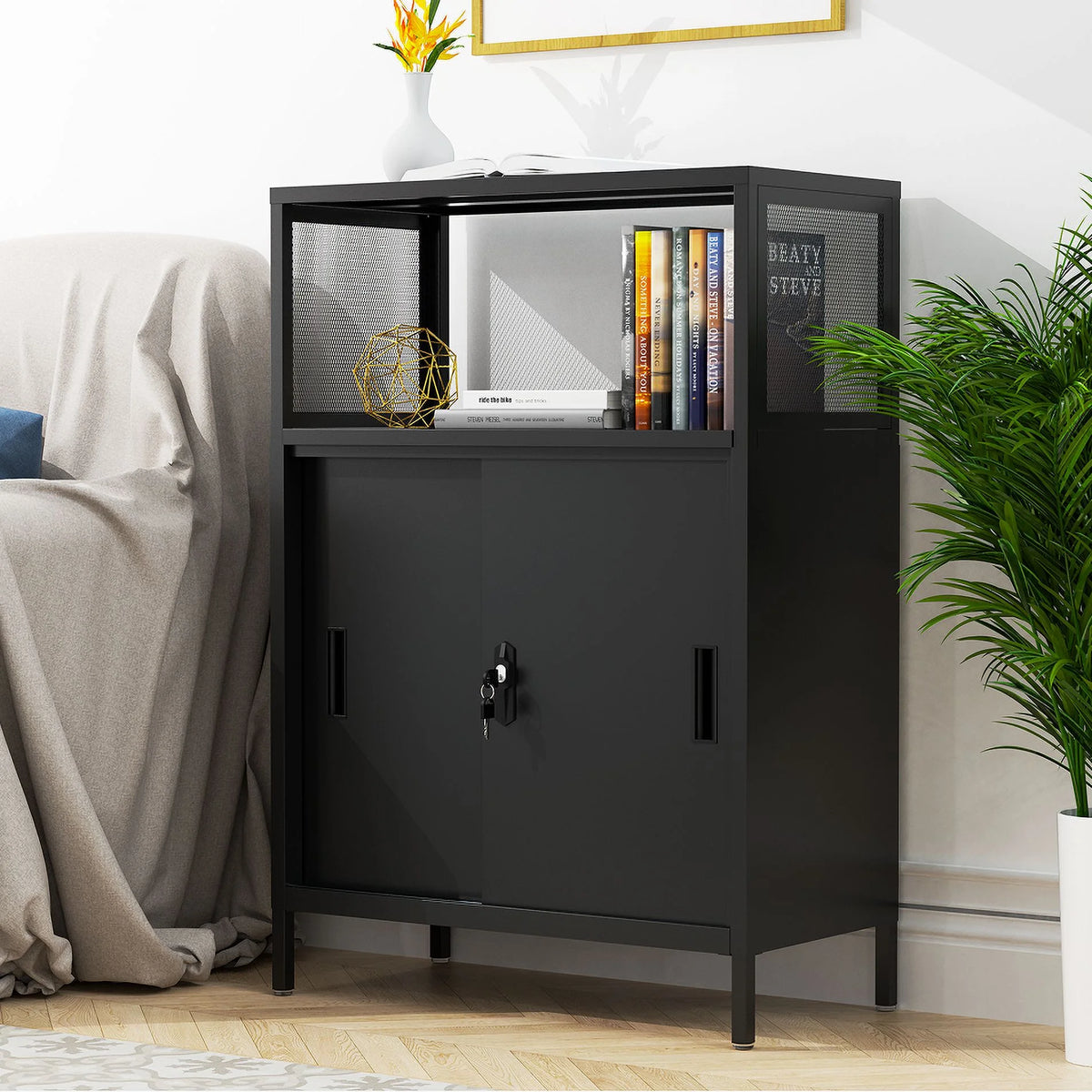 Metal Storage Cabinet with Sliding Doors and Adjustable Shelf, Black K66108