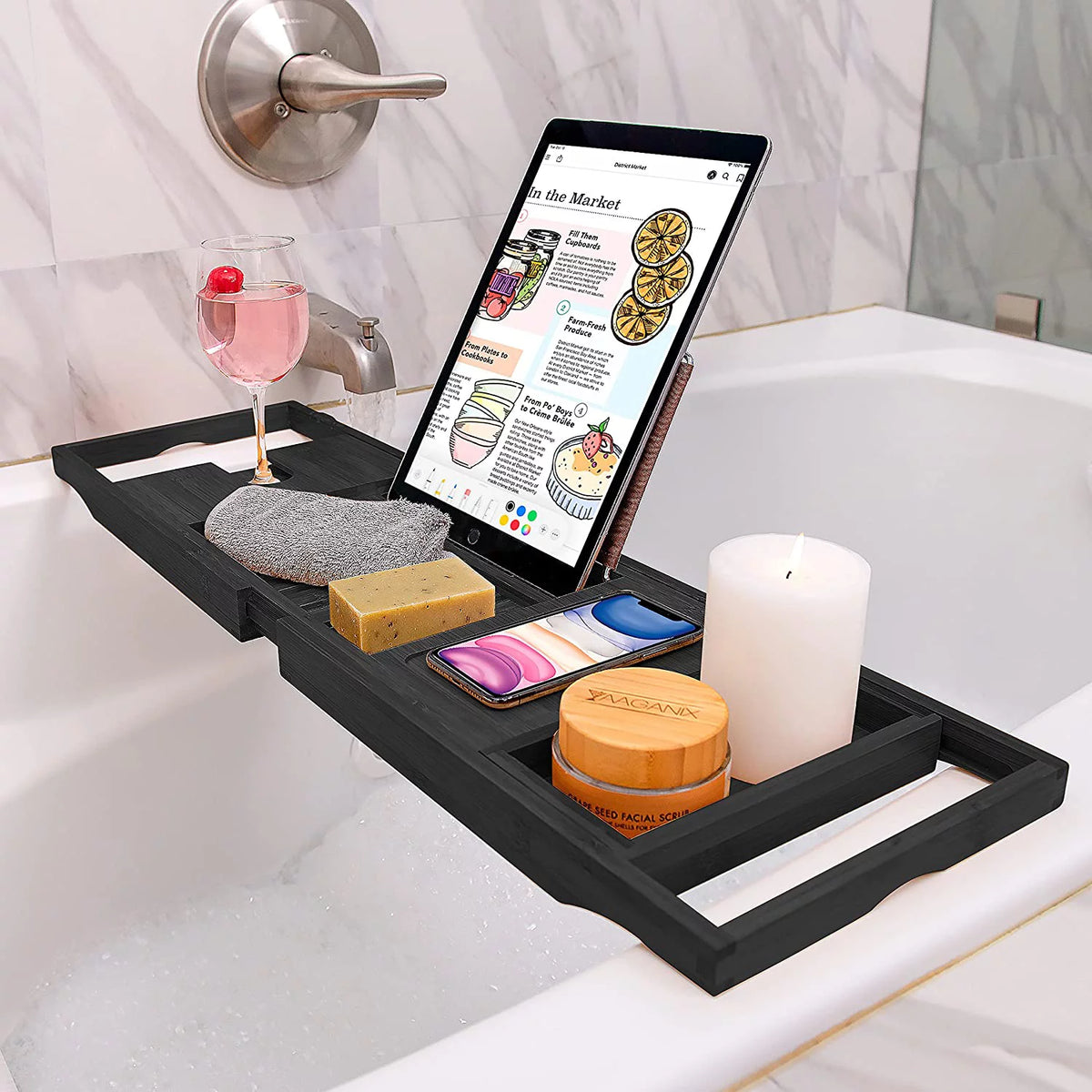 Bamboo Bathtub Tray Expandable Bathtub Caddy with Reading Rack Tablet Holder Wine Glass Holder (Black) K47195