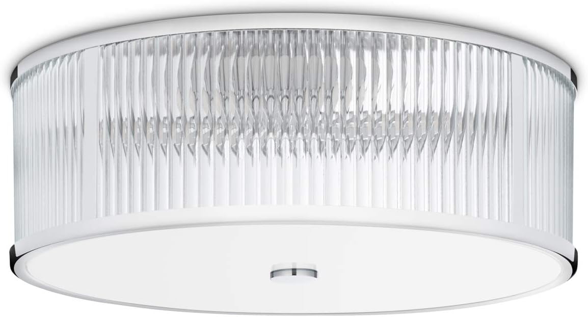 Chrome Flush Mount Ceiling Light, 18 Inch Diameter, LED Bulbs Included, 3000K, 2100 Lumens, Ribbed Glass Shade, Dimmable W8239