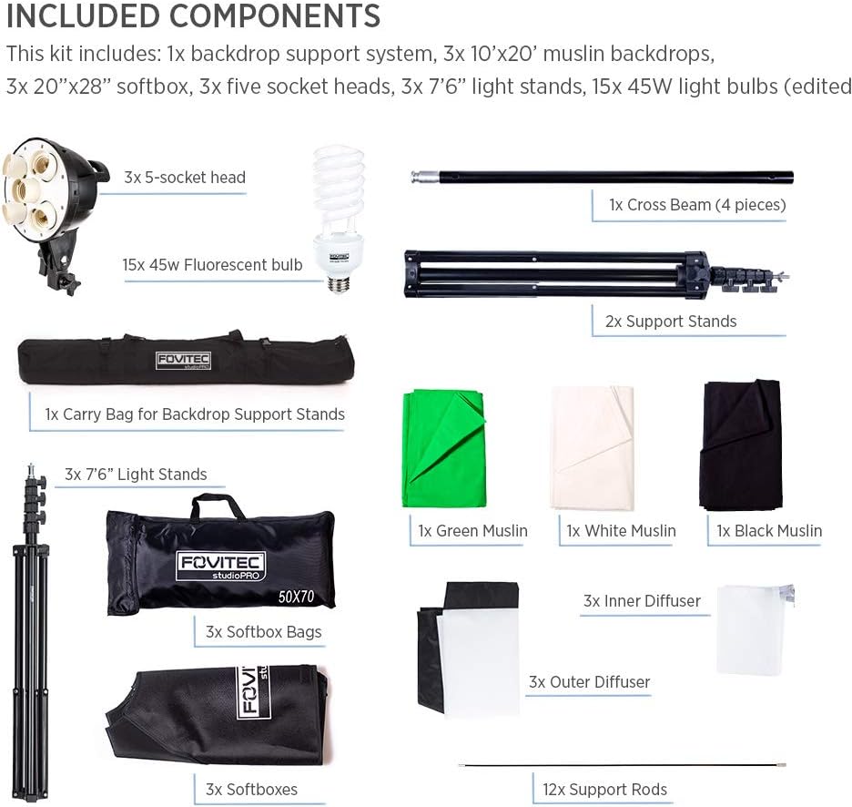 10'x12' Studio Lighting Kit with 3 Softbox Lights and Carrying Case I382654