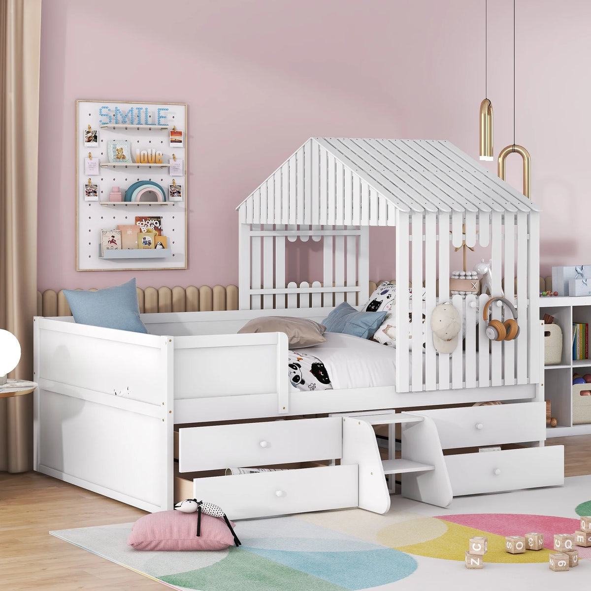 Full Size Low Loft Bed with Roof and Drawers, White K268