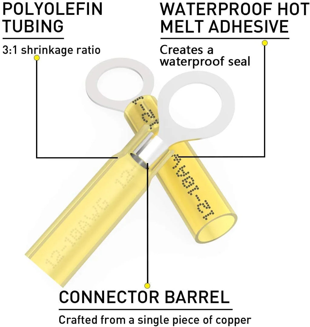 100PCS Heat Shrink Crimp Ring Connectors 5/16" Yellow 12-10 AWG W21618