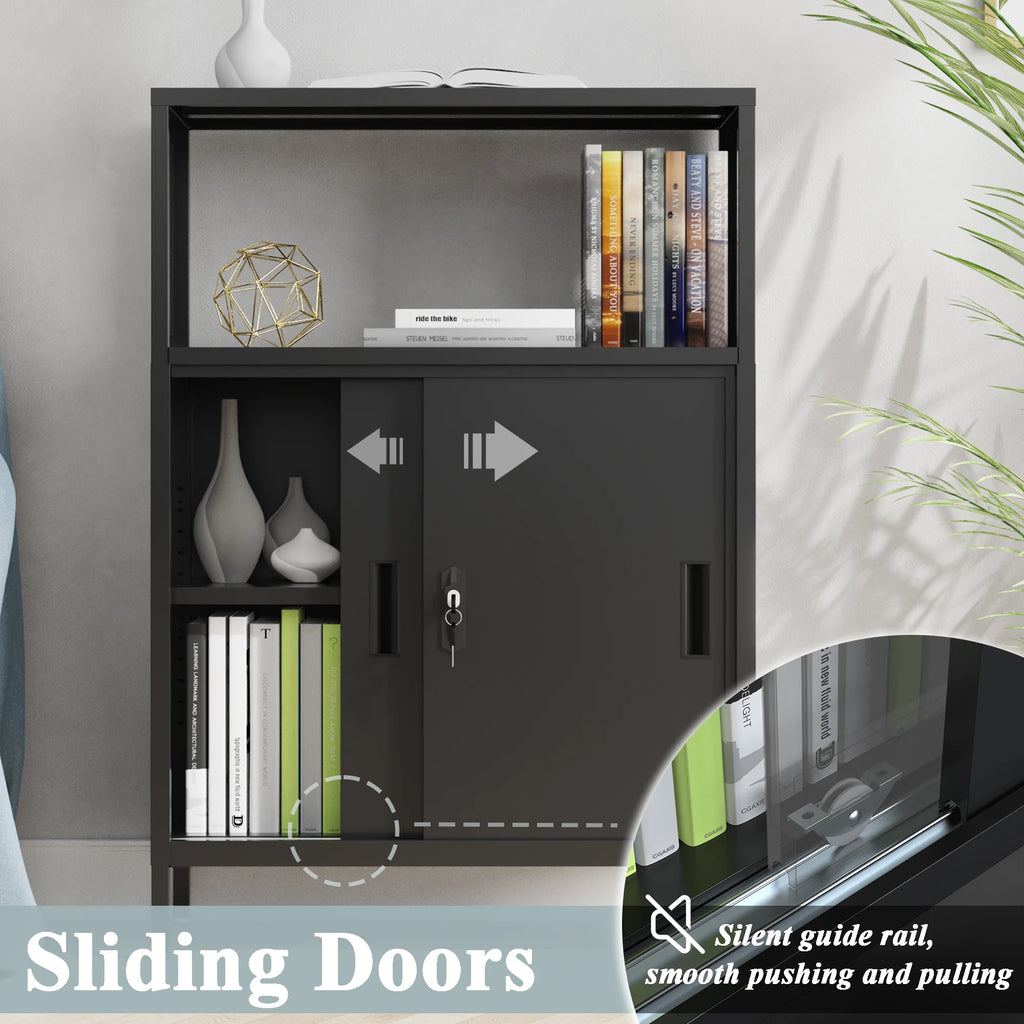 Metal Storage Cabinet with Sliding Doors and Adjustable Shelf, Black K66108