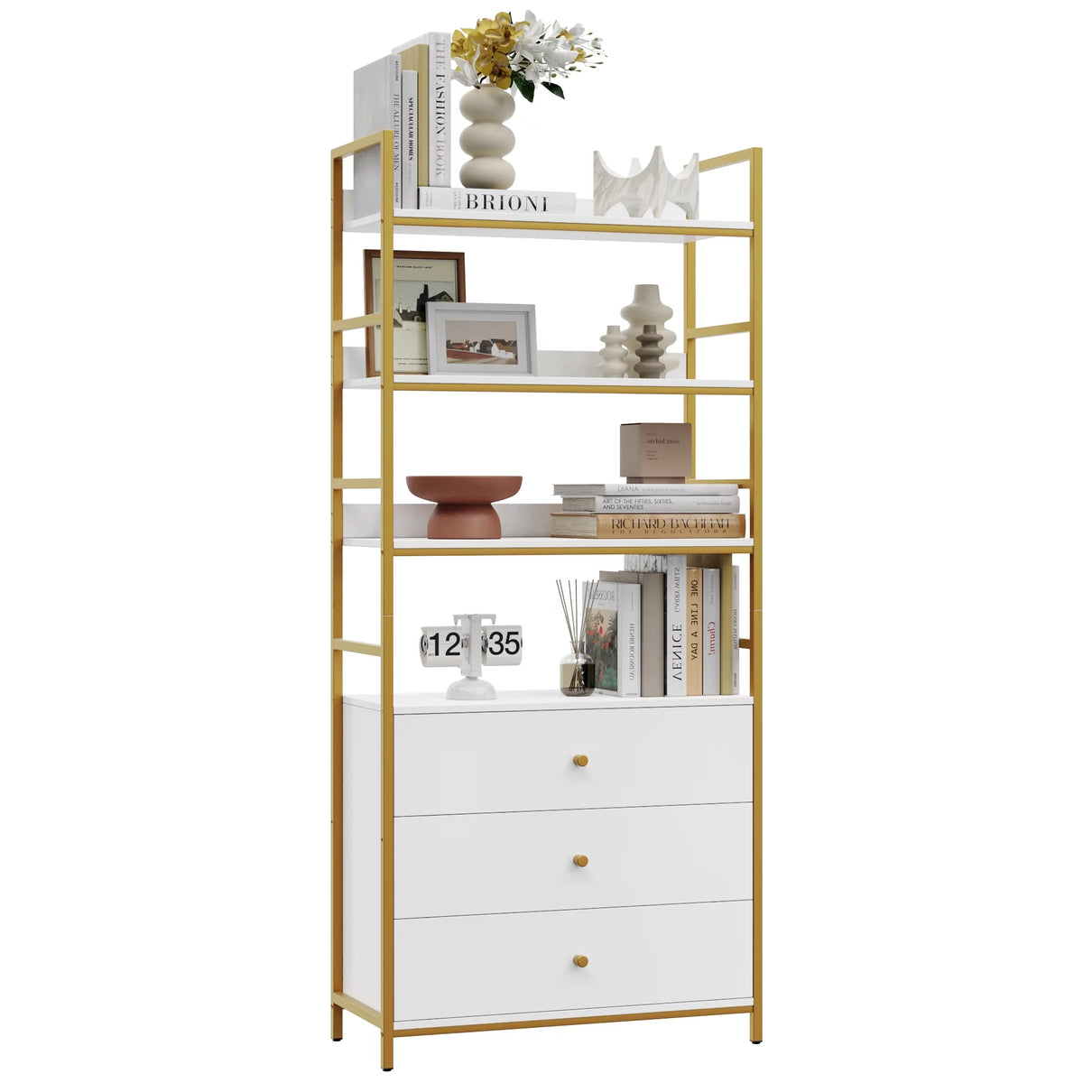 4 Tier Gold Bookcase with 3 Drawers F230189