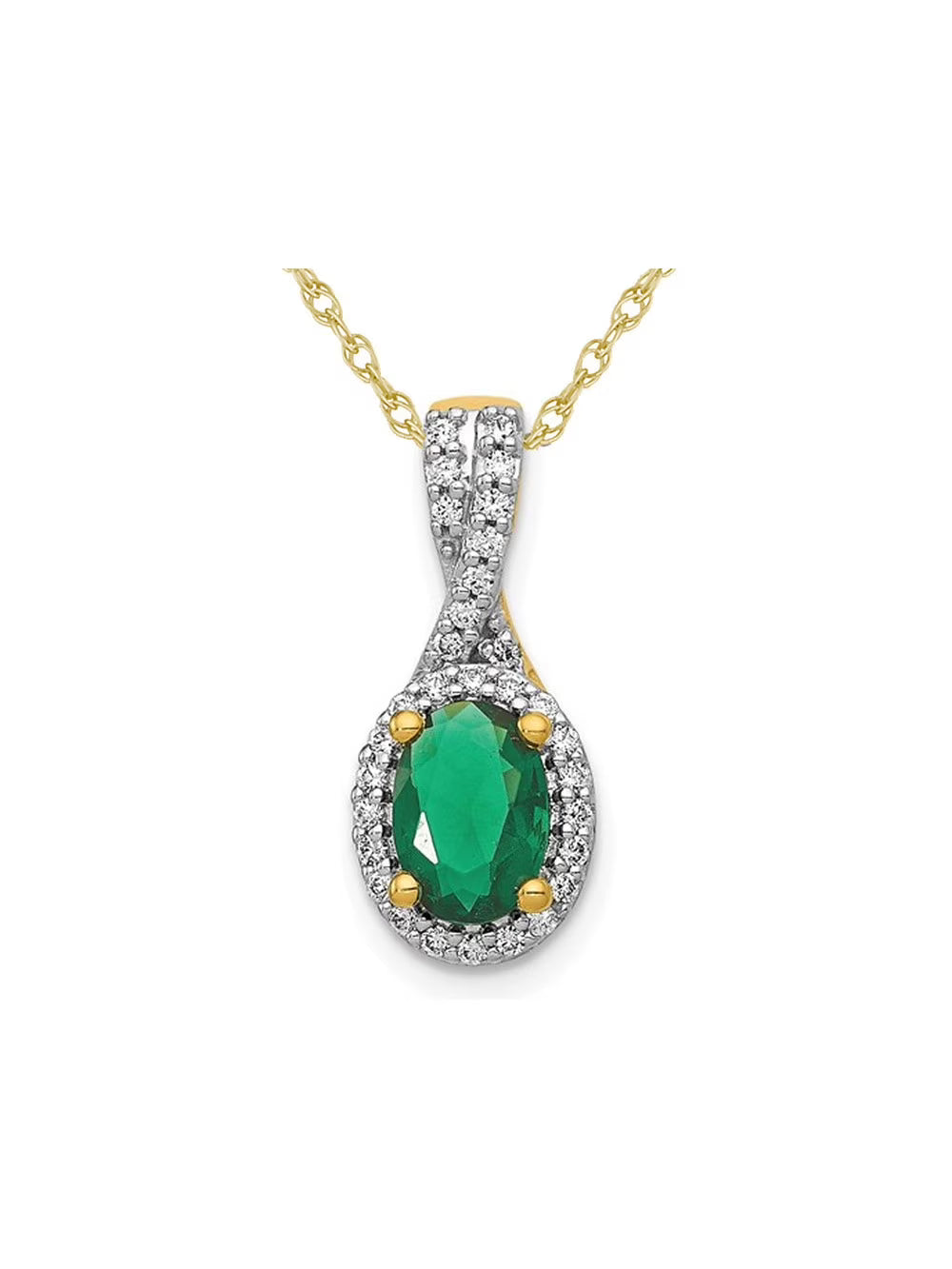 Natural Emerald Halo Twist Pendant Necklace in 14K Yellow Gold with Chain and Diamonds A3420